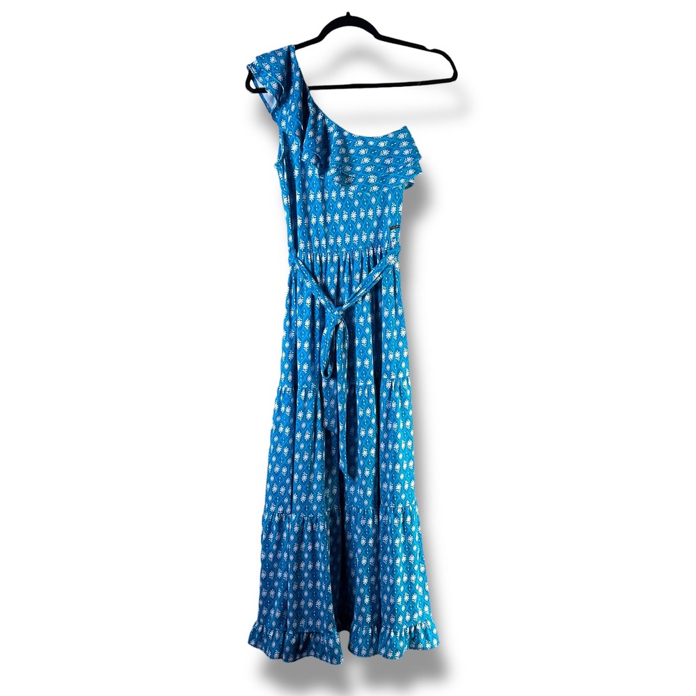 Cabana Life Womens Sz XS Maxi Dress Palm Valley Blue One Shoulder Ruffle UPF 50+